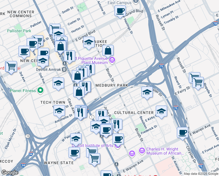 map of restaurants, bars, coffee shops, grocery stores, and more near 297 East Edsel Ford Freeway in Detroit