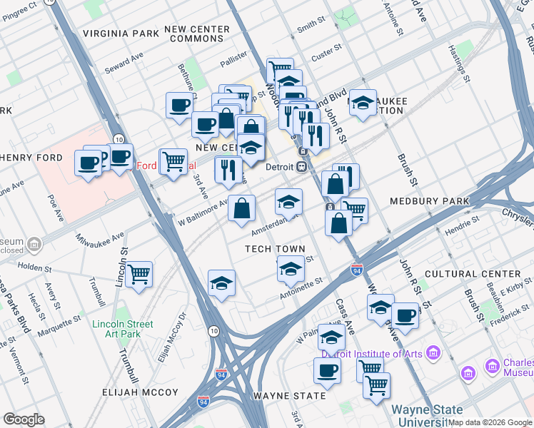 map of restaurants, bars, coffee shops, grocery stores, and more near 6200 2nd Avenue in Detroit
