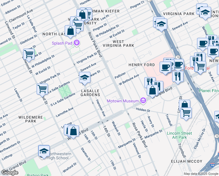 map of restaurants, bars, coffee shops, grocery stores, and more near 7550 Dunedin Street in Detroit