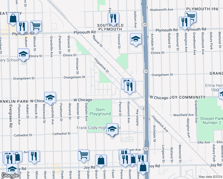 map of restaurants, bars, coffee shops, grocery stores, and more near 9595 Faust Avenue in Detroit