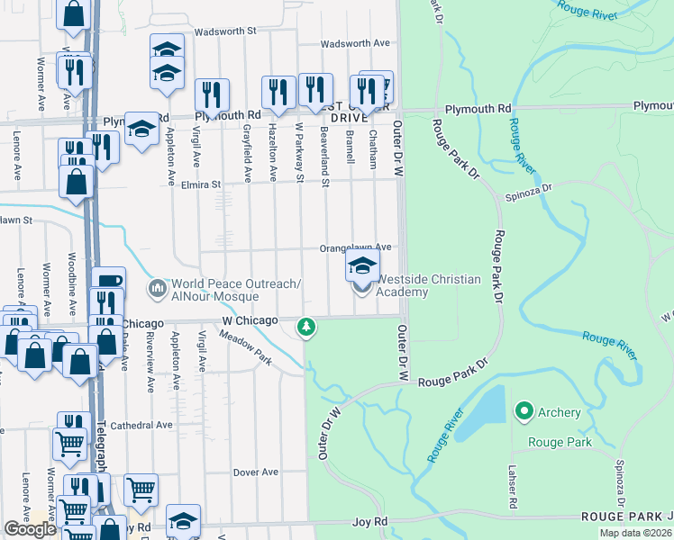 map of restaurants, bars, coffee shops, grocery stores, and more near 9609 Bramell in Detroit