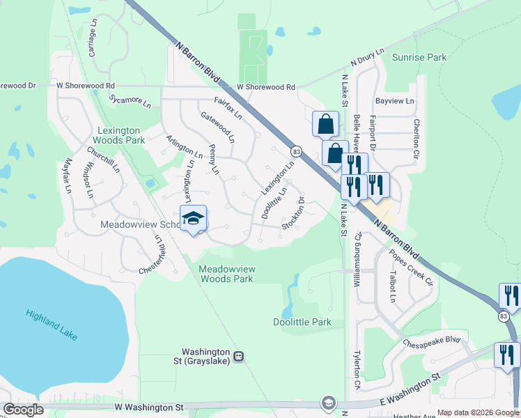 map of restaurants, bars, coffee shops, grocery stores, and more near 1433 Doolittle Lane in Grayslake