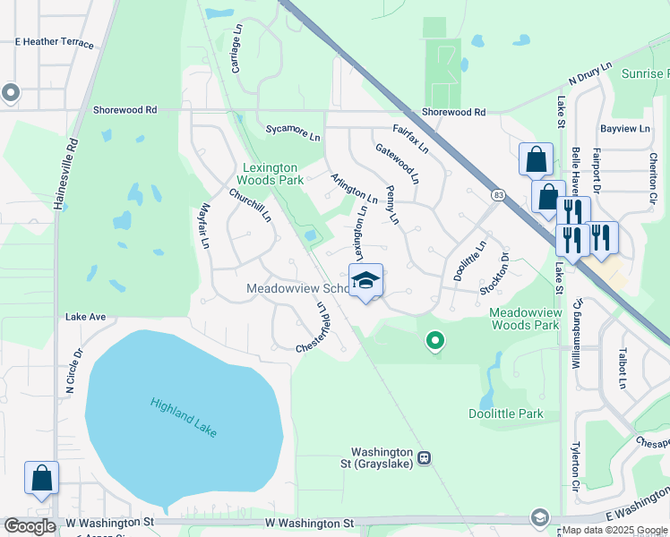 map of restaurants, bars, coffee shops, grocery stores, and more near 1357 Lily Court in Grayslake