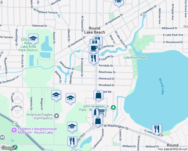 map of restaurants, bars, coffee shops, grocery stores, and more near 310 Glenwood Drive in Round Lake Beach