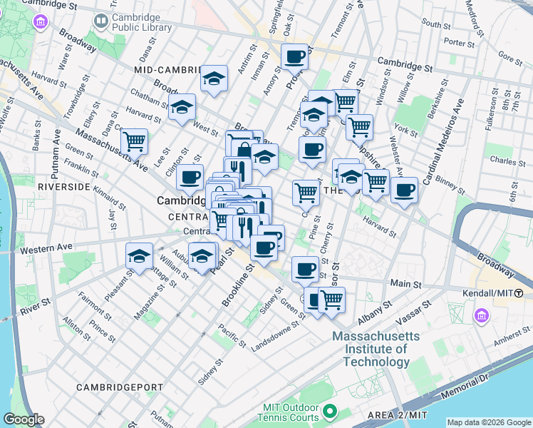 map of restaurants, bars, coffee shops, grocery stores, and more near Norfolk Street & Washington Street in Cambridge