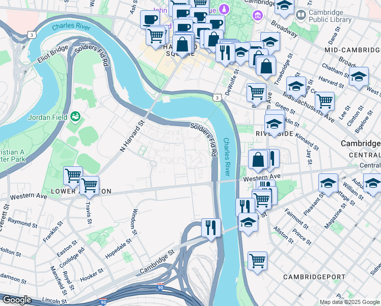 map of restaurants, bars, coffee shops, grocery stores, and more near 111 Western Avenue in Boston