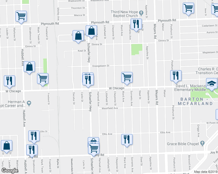 map of restaurants, bars, coffee shops, grocery stores, and more near 13242 West Chicago in Detroit