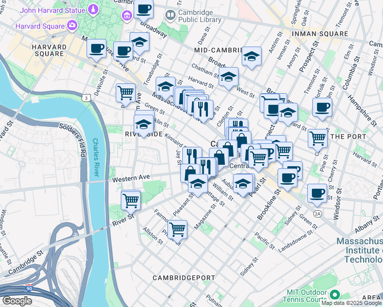 map of restaurants, bars, coffee shops, grocery stores, and more near 42 Kinnaird Street in Cambridge