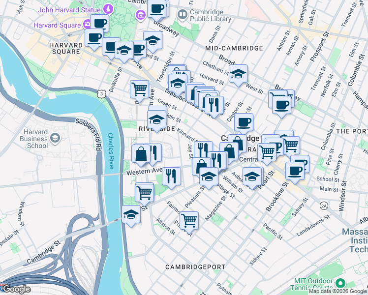 map of restaurants, bars, coffee shops, grocery stores, and more near 56 1/2 Howard Street in Cambridge
