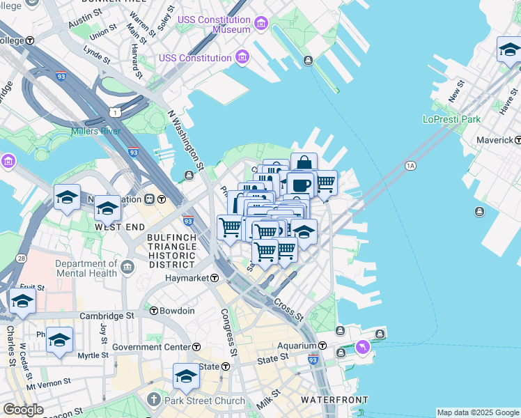 map of restaurants, bars, coffee shops, grocery stores, and more near 23 Margaret Street in Boston