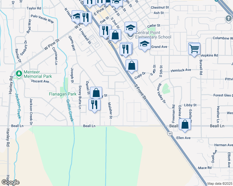 map of restaurants, bars, coffee shops, grocery stores, and more near 1420 Timothy Street in Central Point