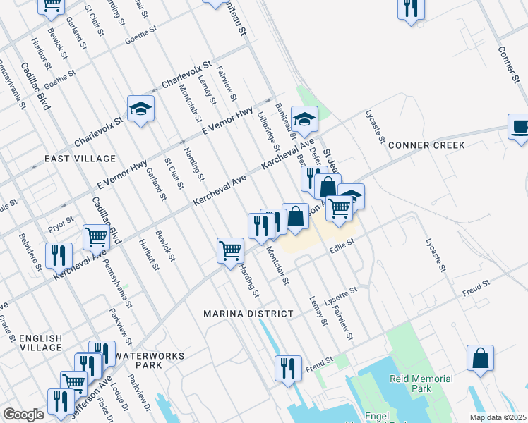 map of restaurants, bars, coffee shops, grocery stores, and more near 1575 Lemay Street in Detroit