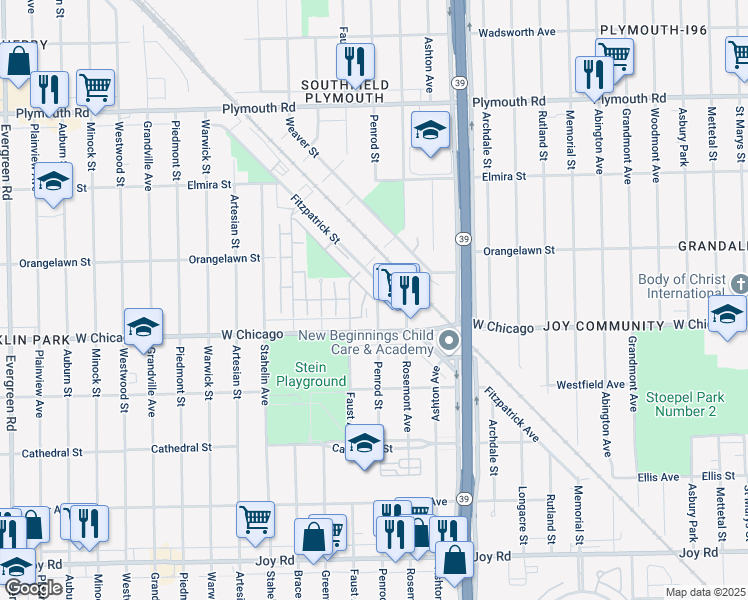 map of restaurants, bars, coffee shops, grocery stores, and more near 18405 Fitzpatrick Court in Detroit