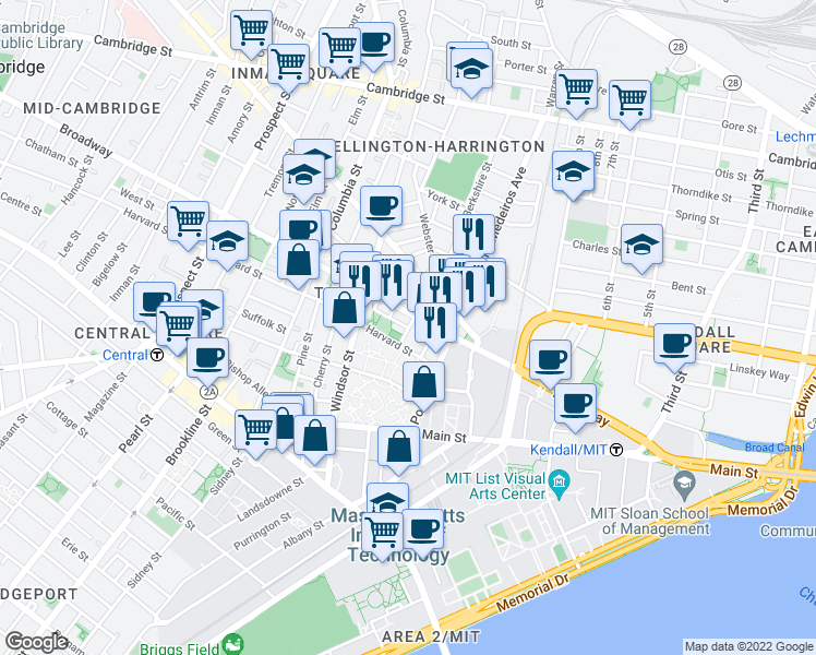 map of restaurants, bars, coffee shops, grocery stores, and more near Moore Street in Cambridge