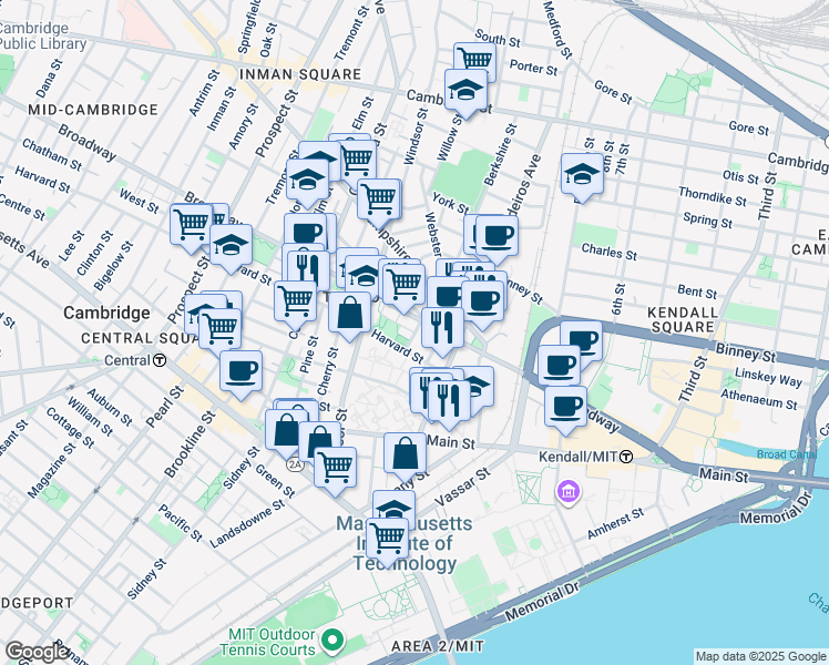 map of restaurants, bars, coffee shops, grocery stores, and more near Moore Street in Cambridge