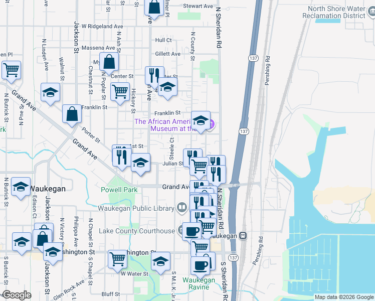 map of restaurants, bars, coffee shops, grocery stores, and more near 422 North County Street in Waukegan