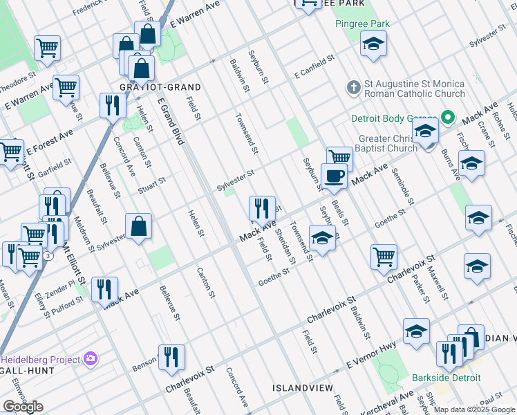 map of restaurants, bars, coffee shops, grocery stores, and more near 3665 Sheridan Street in Detroit
