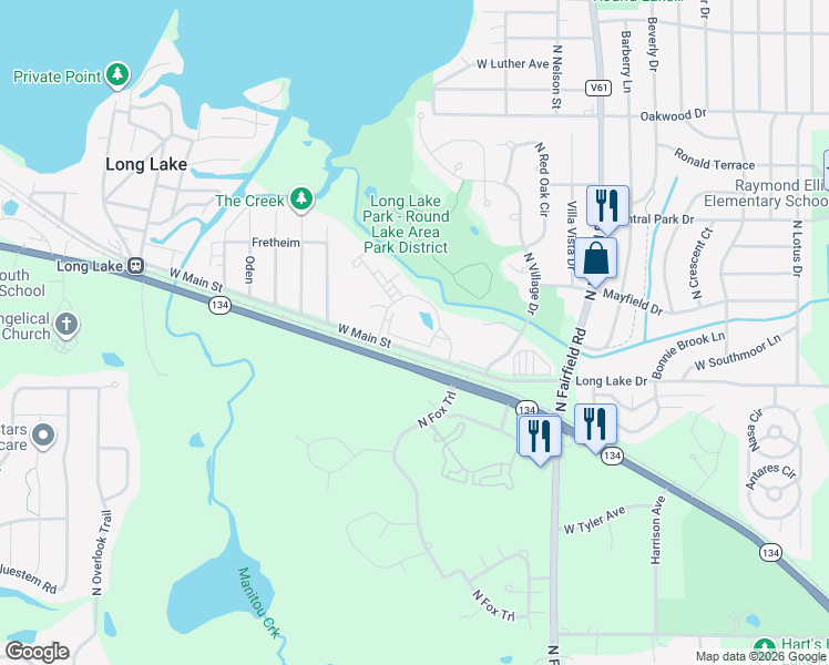 map of restaurants, bars, coffee shops, grocery stores, and more near 1490 Spring Brook Court in Round Lake Beach