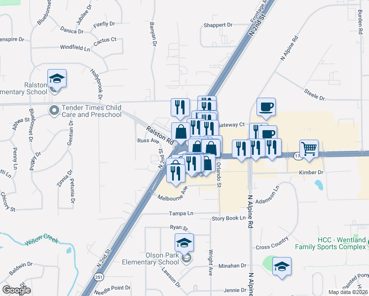 map of restaurants, bars, coffee shops, grocery stores, and more near 1003 West Lane Road in Machesney Park