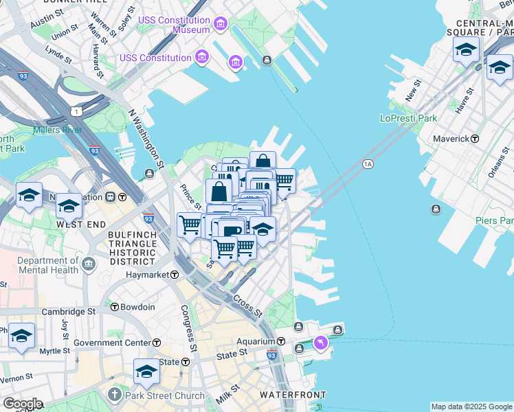 map of restaurants, bars, coffee shops, grocery stores, and more near 4 Charter Street in Boston