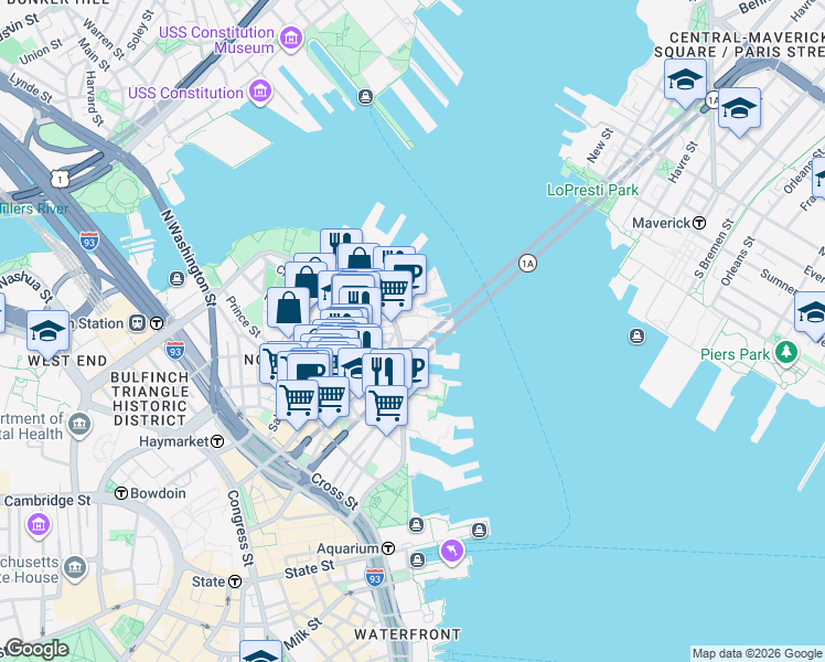 map of restaurants, bars, coffee shops, grocery stores, and more near 5 Battery Wharf in Boston