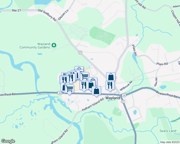 map of restaurants, bars, coffee shops, grocery stores, and more near 9 Hastings Way in Wayland
