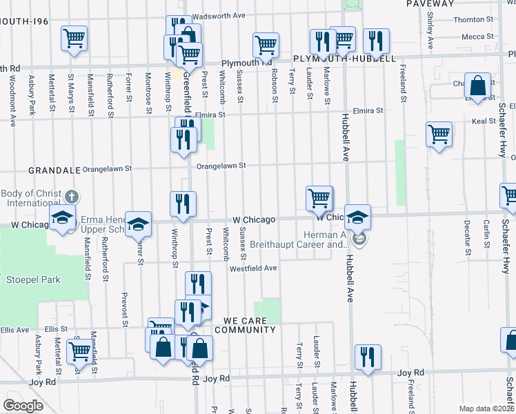 map of restaurants, bars, coffee shops, grocery stores, and more near 9525 Coyle Street in Detroit
