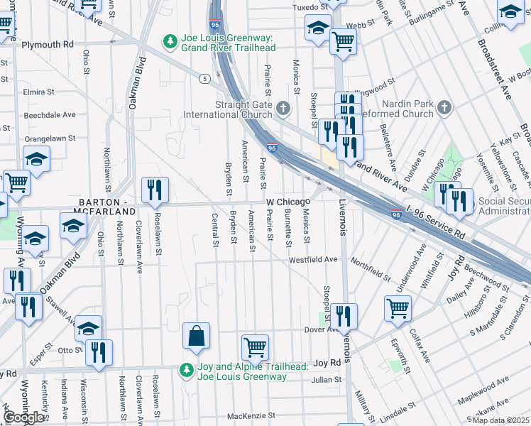 map of restaurants, bars, coffee shops, grocery stores, and more near 9451 Prairie Street in Detroit