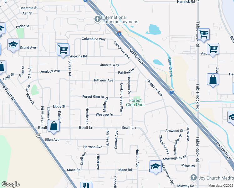map of restaurants, bars, coffee shops, grocery stores, and more near 1136 Coachman Drive in Central Point