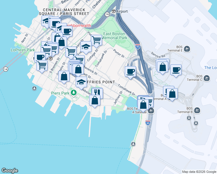 map of restaurants, bars, coffee shops, grocery stores, and more near 210 Everett Street in Boston
