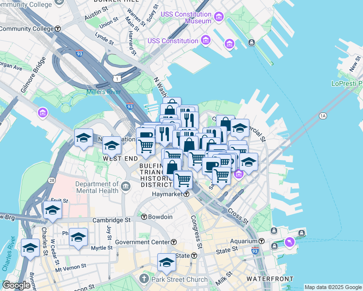 map of restaurants, bars, coffee shops, grocery stores, and more near 7 Endicott Court in Boston