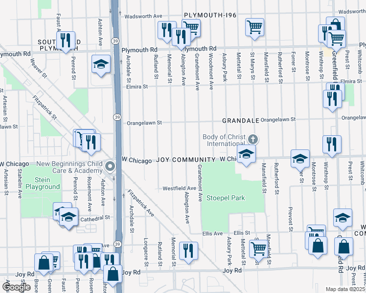 map of restaurants, bars, coffee shops, grocery stores, and more near 9555 Abington Avenue in Detroit