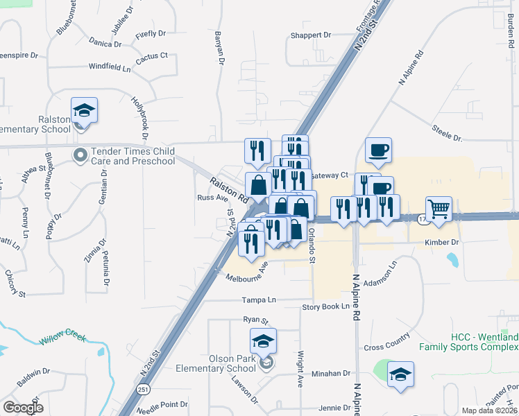 map of restaurants, bars, coffee shops, grocery stores, and more near 1003 West Lane Road in Machesney Park