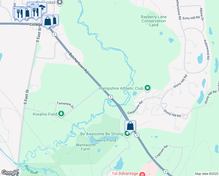 map of restaurants, bars, coffee shops, grocery stores, and more near 298 Belchertown Road in Amherst