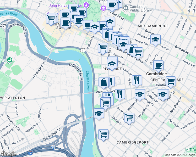 map of restaurants, bars, coffee shops, grocery stores, and more near 30 Peabody Terrace in Cambridge