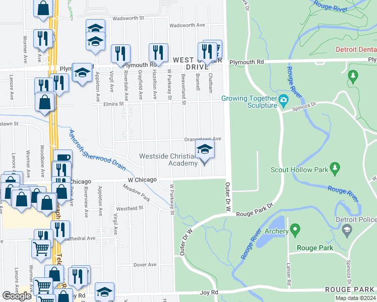 map of restaurants, bars, coffee shops, grocery stores, and more near 9614 Beaverland Street in Detroit