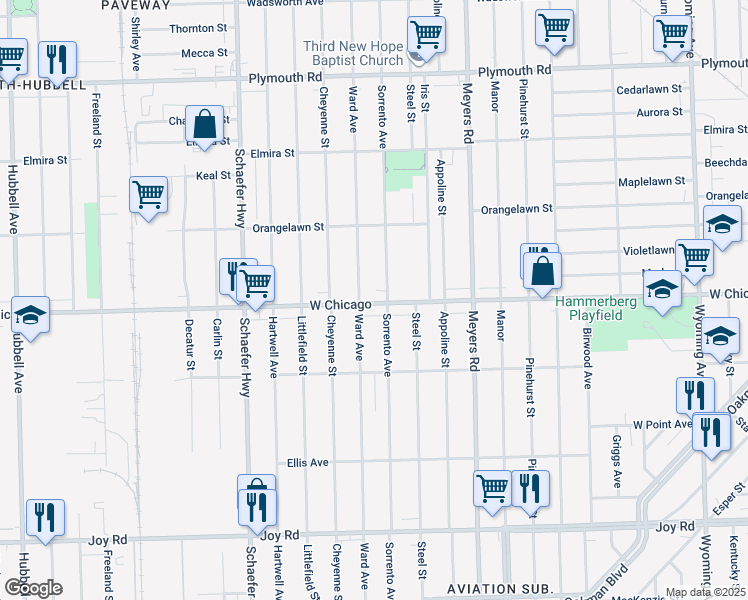 map of restaurants, bars, coffee shops, grocery stores, and more near 13024 West Chicago in Detroit