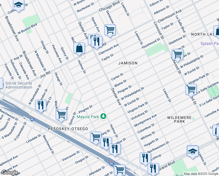 map of restaurants, bars, coffee shops, grocery stores, and more near 8703 Dexter Avenue in Detroit