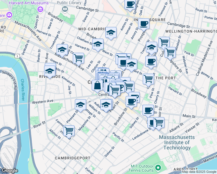 map of restaurants, bars, coffee shops, grocery stores, and more near 689 Massachusetts Avenue in Cambridge