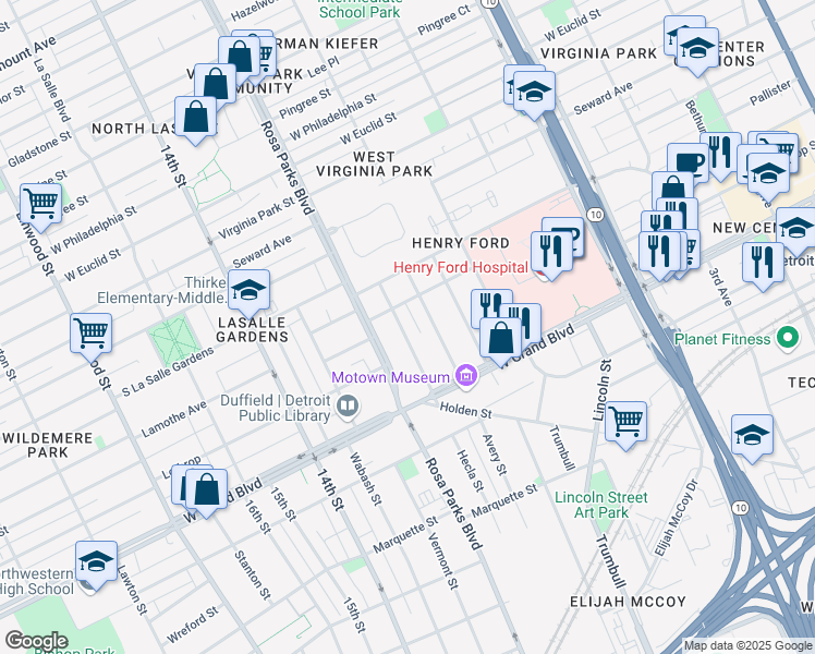 map of restaurants, bars, coffee shops, grocery stores, and more near 7434 Churchill Street in Detroit