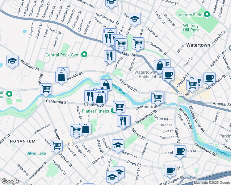 map of restaurants, bars, coffee shops, grocery stores, and more near 30 Riverdale Avenue in Newton