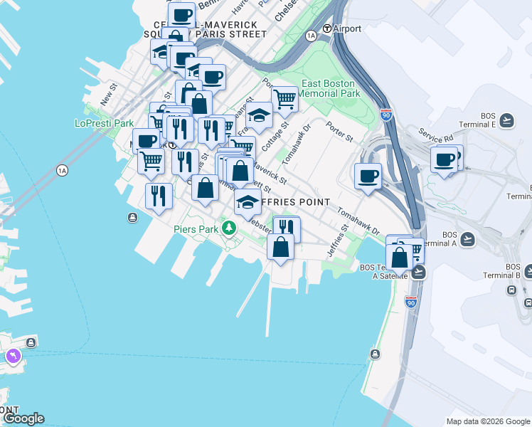map of restaurants, bars, coffee shops, grocery stores, and more near 403 Sumner Street in Boston
