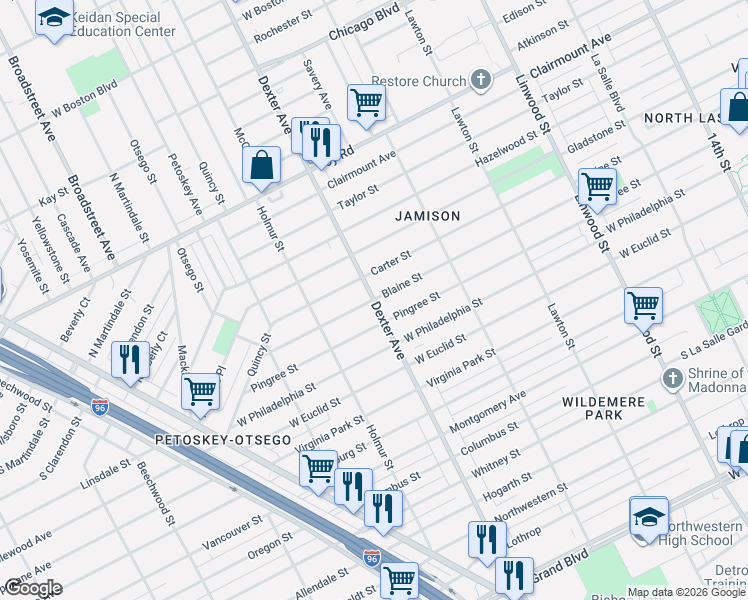 map of restaurants, bars, coffee shops, grocery stores, and more near Dexter Ave & Blaine St in Detroit