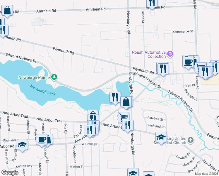 map of restaurants, bars, coffee shops, grocery stores, and more near 37507 Edward N Hines Drive in Livonia