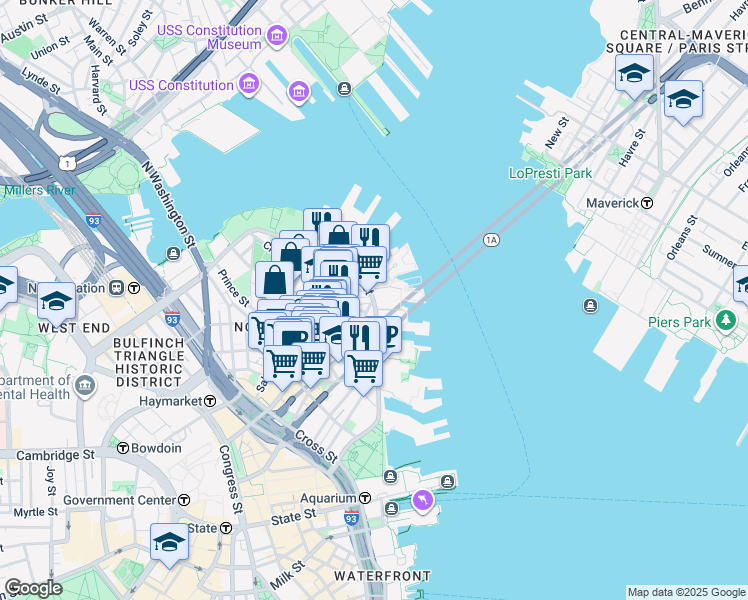 map of restaurants, bars, coffee shops, grocery stores, and more near Commercial St & North St in Boston