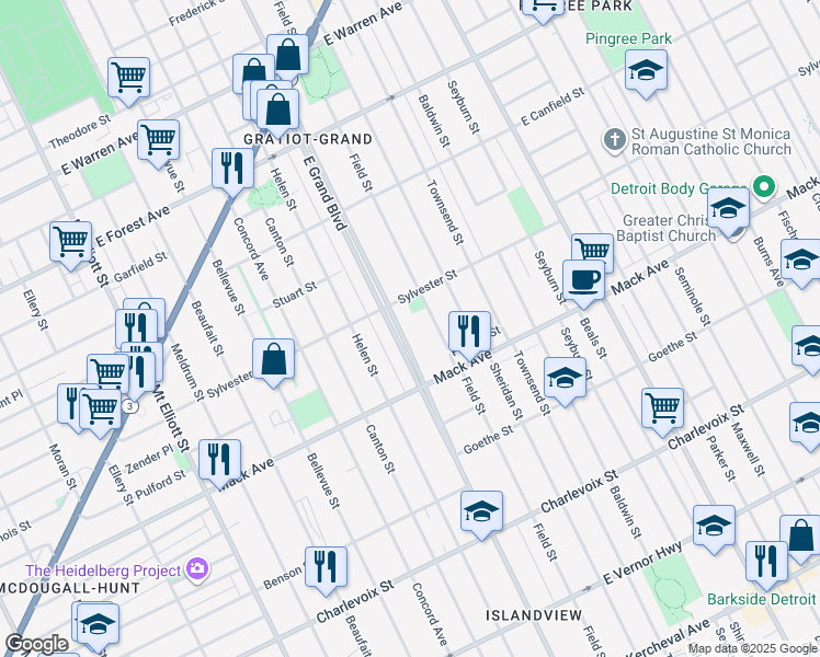 map of restaurants, bars, coffee shops, grocery stores, and more near 3695 Field Street in Detroit