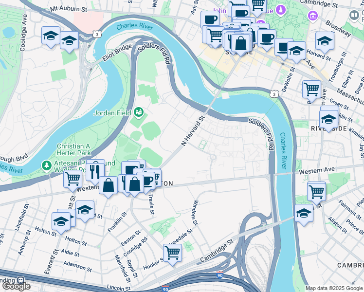 map of restaurants, bars, coffee shops, grocery stores, and more near North Harvard Street in ALLSTON