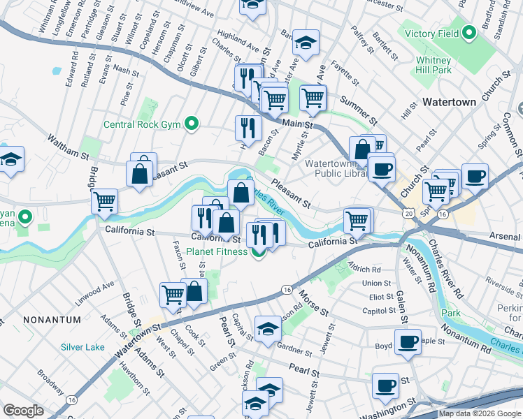 map of restaurants, bars, coffee shops, grocery stores, and more near 30 Riverdale Avenue in Newton