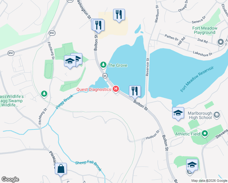 map of restaurants, bars, coffee shops, grocery stores, and more near 640 Bolton Street in Marlborough