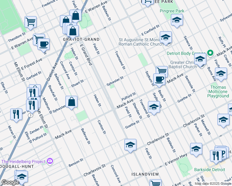 map of restaurants, bars, coffee shops, grocery stores, and more near 3695 Field Street in Detroit